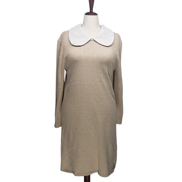 Salt Sweater Shift Dress Sz XL Khaki French Dot Knit Eyelet Collar Cottagecore - Picture 1 of 14